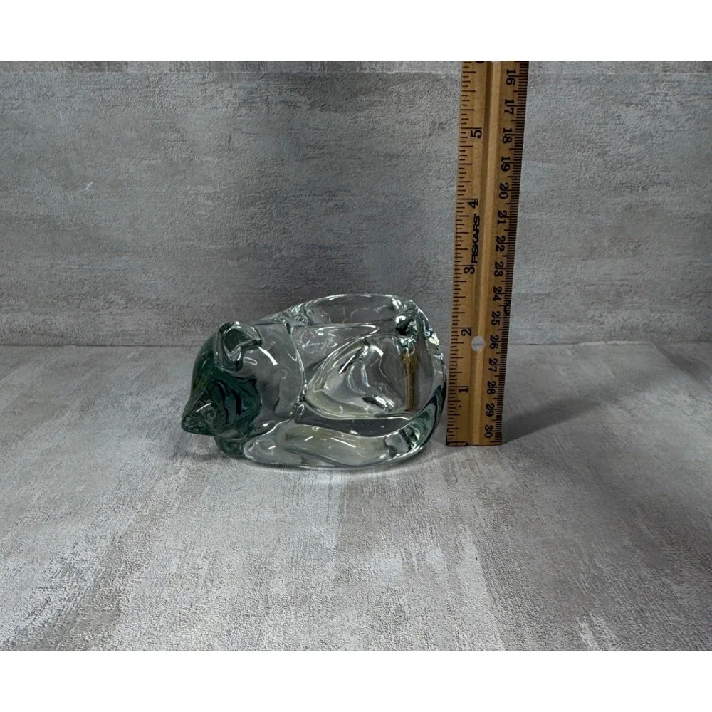 Vintage Cat Votive Holder Crystal Glass Sleeping Feline Tea Light Made USA 90s